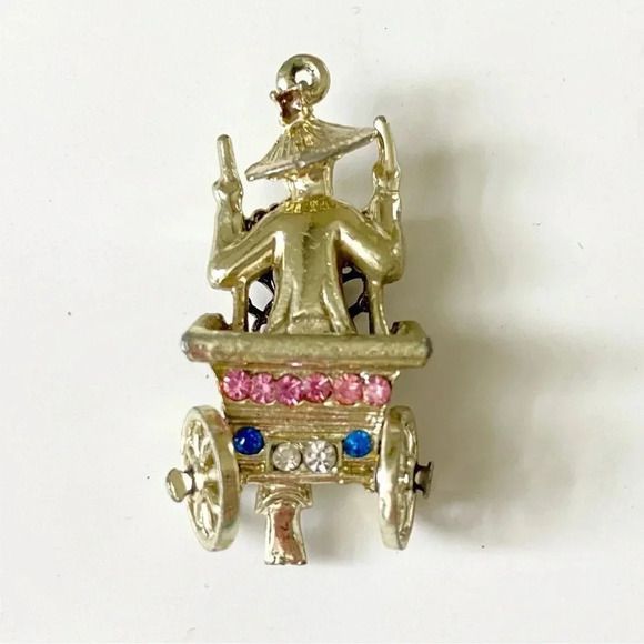 Vintage Asian Rickshaw Wheel Cart Man Gold Tone Rhinestone Pendant for Necklace - Picture 2 of 6